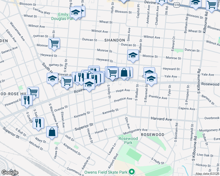 map of restaurants, bars, coffee shops, grocery stores, and more near 432 South Holly Street in Columbia