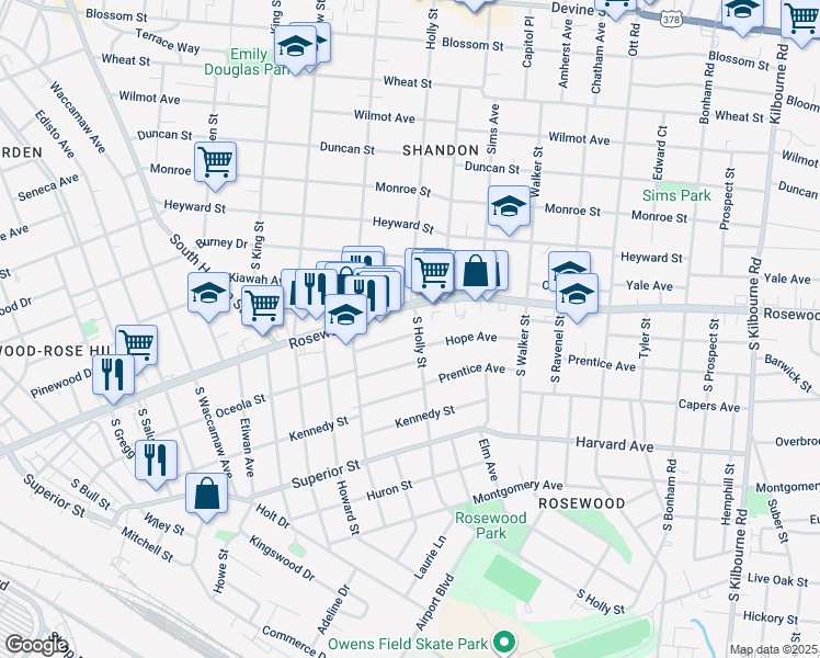 map of restaurants, bars, coffee shops, grocery stores, and more near 432 South Holly Street in Columbia