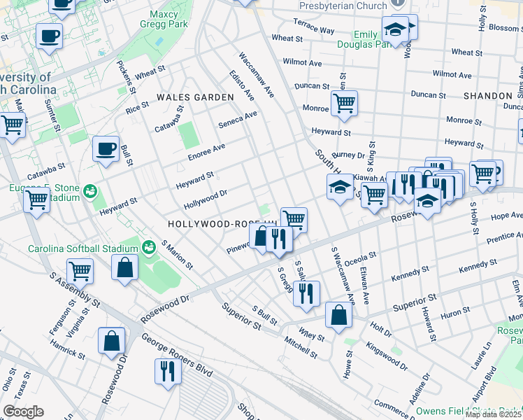 map of restaurants, bars, coffee shops, grocery stores, and more near 1731 Maplewood Drive in Columbia