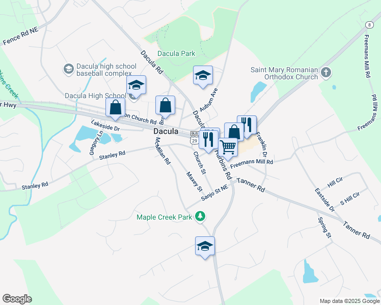 map of restaurants, bars, coffee shops, grocery stores, and more near 287 Church Street in Dacula