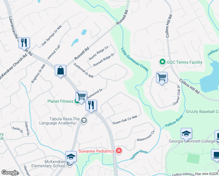 map of restaurants, bars, coffee shops, grocery stores, and more near 434 Ashwood Drive in Lawrenceville