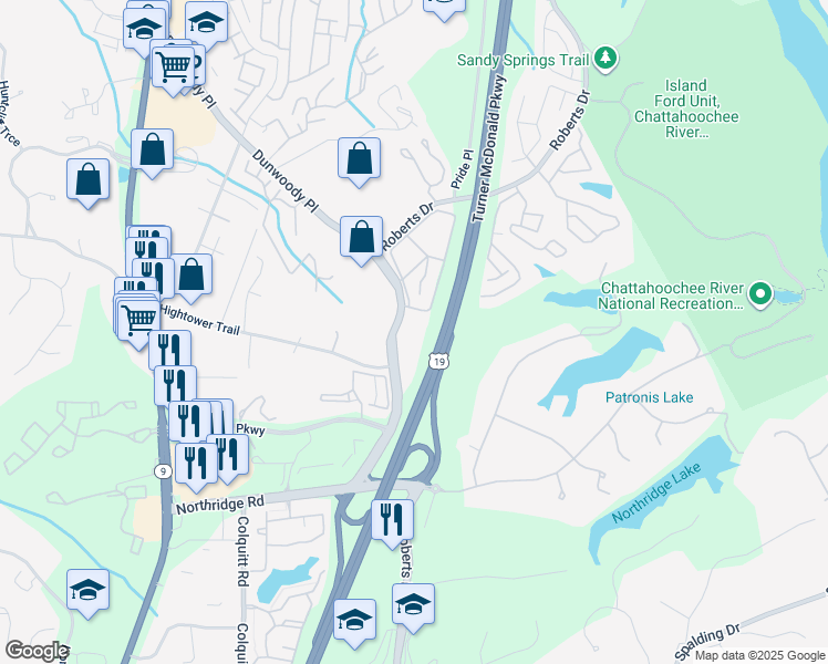 map of restaurants, bars, coffee shops, grocery stores, and more near 8451 Dunwoody Place in Sandy Springs