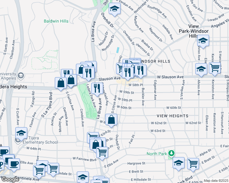 map of restaurants, bars, coffee shops, grocery stores, and more near 5907 South Citrus Avenue in View Park-Windsor Hills