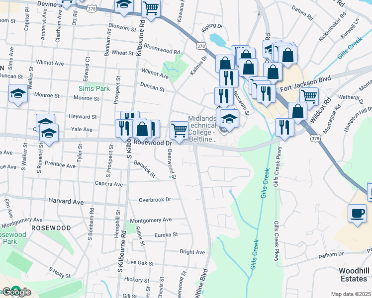 map of restaurants, bars, coffee shops, grocery stores, and more near 209 South Beltline Boulevard in Columbia