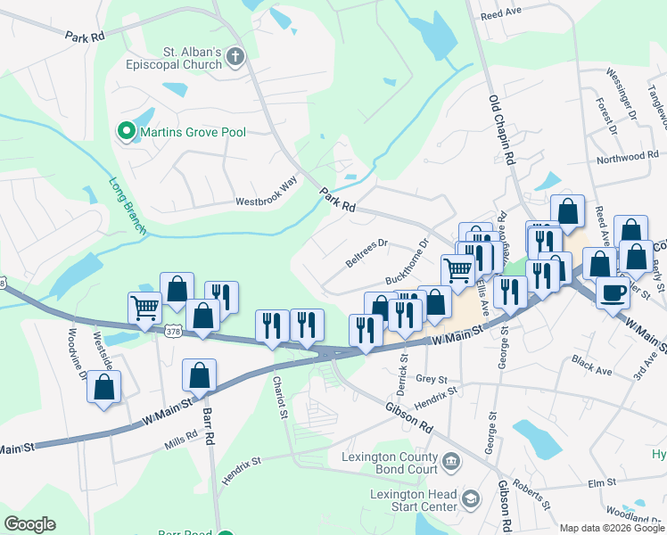 map of restaurants, bars, coffee shops, grocery stores, and more near 320 Beltrees Drive in Lexington