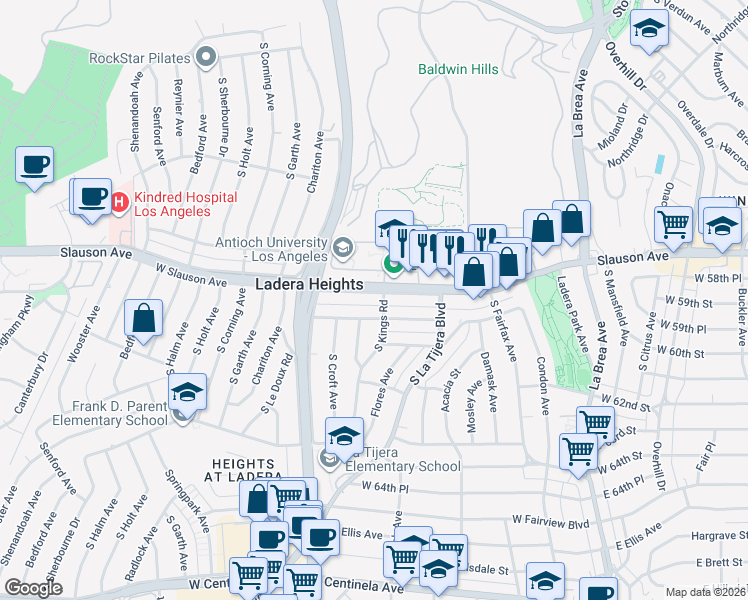 map of restaurants, bars, coffee shops, grocery stores, and more near 5253 West Slauson Avenue in Los Angeles