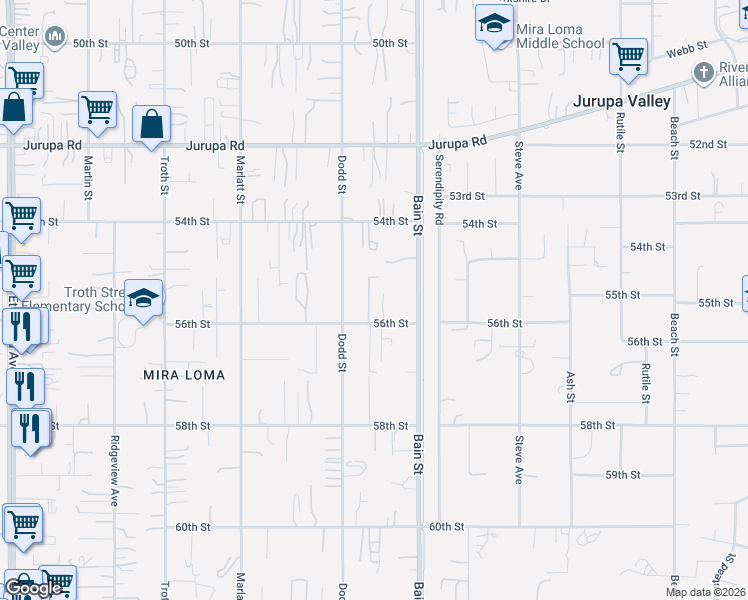 map of restaurants, bars, coffee shops, grocery stores, and more near 5574 Dodd Street in Jurupa Valley