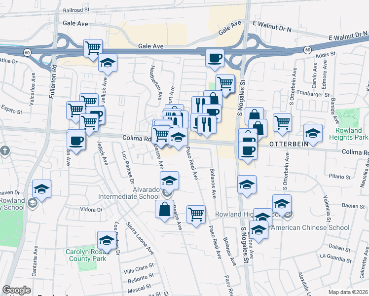 map of restaurants, bars, coffee shops, grocery stores, and more near 1719 Paso Real Avenue in Rowland Heights
