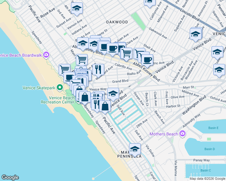 map of restaurants, bars, coffee shops, grocery stores, and more near 334 Venice Way in Los Angeles