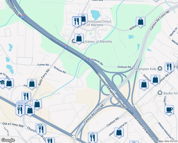 map of restaurants, bars, coffee shops, grocery stores, and more near 142 Dickson Court Northeast in Marietta