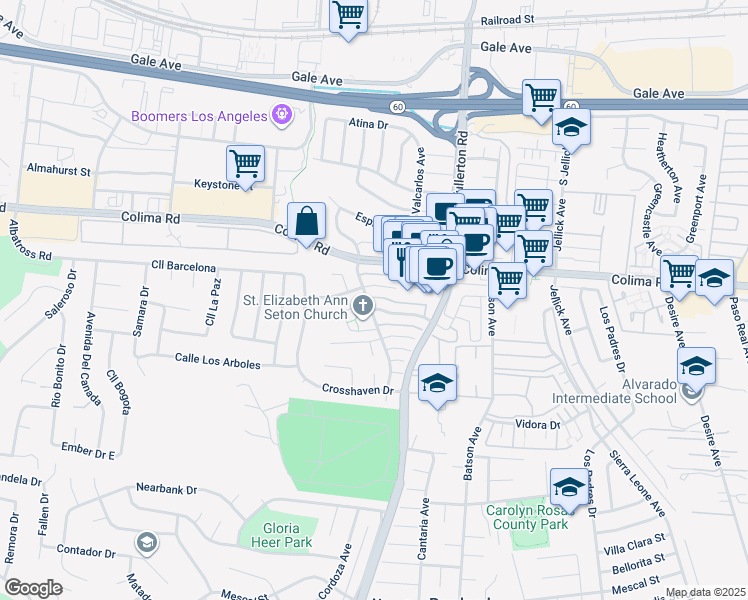 map of restaurants, bars, coffee shops, grocery stores, and more near 18103 Camino Bello in Rowland Heights