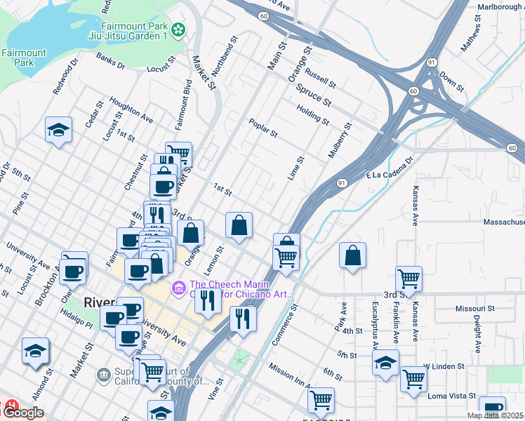map of restaurants, bars, coffee shops, grocery stores, and more near 3435 1st Street in Riverside