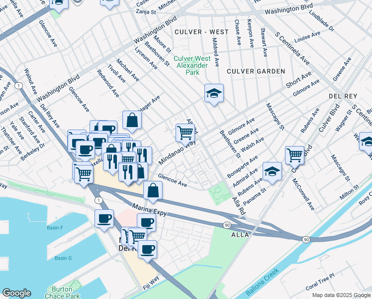 map of restaurants, bars, coffee shops, grocery stores, and more near 13040 Mindanao Way in Marina del Rey