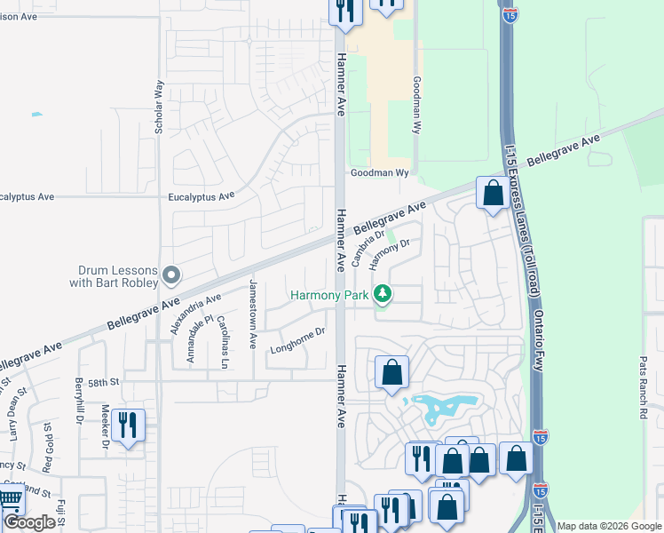 map of restaurants, bars, coffee shops, grocery stores, and more near 5722 Canoe Drive in Corona