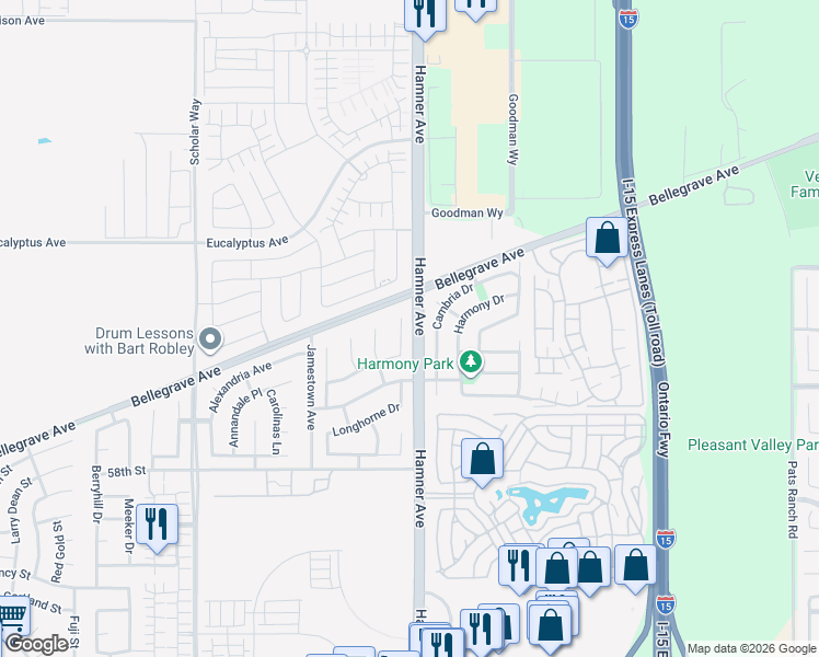 map of restaurants, bars, coffee shops, grocery stores, and more near 5722 Canoe Drive in Corona