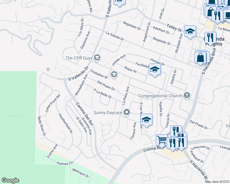 map of restaurants, bars, coffee shops, grocery stores, and more near 15446 Del Prado Drive in Hacienda Heights
