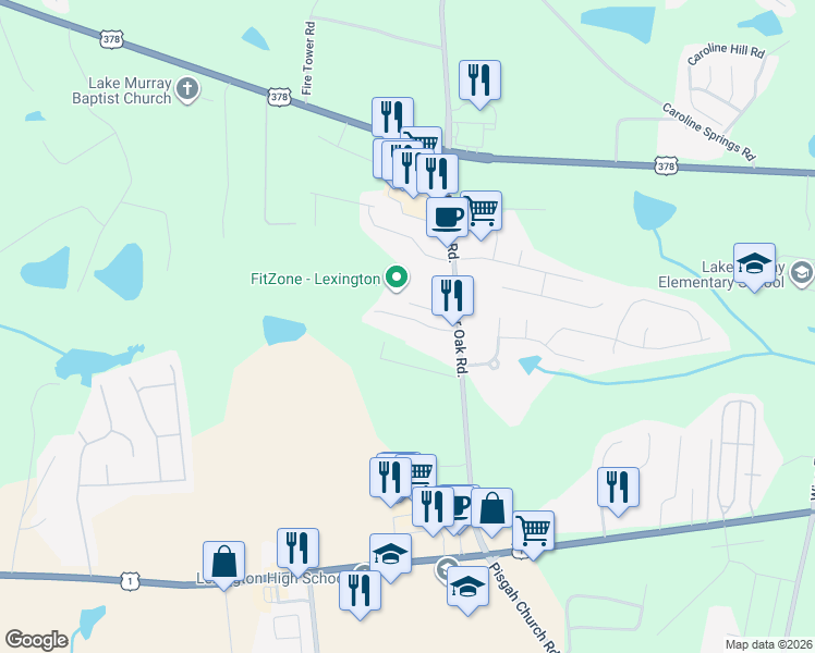map of restaurants, bars, coffee shops, grocery stores, and more near 351 Charter Oak Court in Lexington