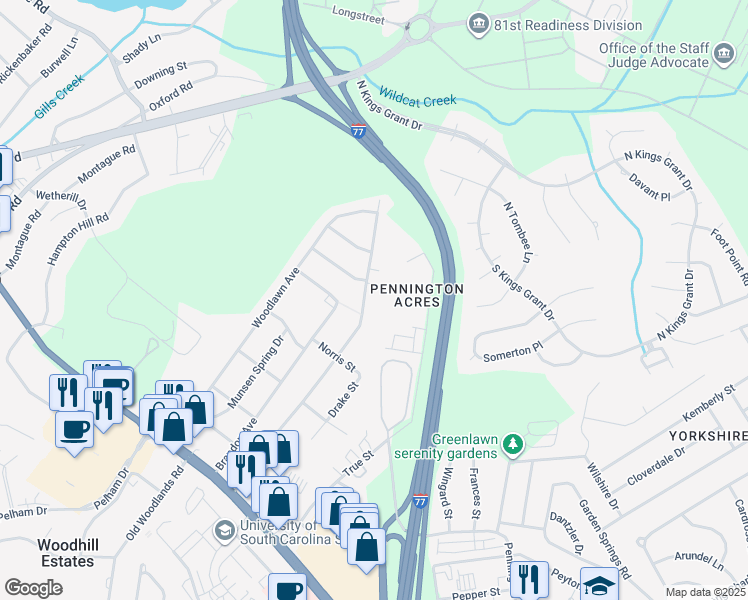 map of restaurants, bars, coffee shops, grocery stores, and more near 1212 Cedar Terrace in Columbia