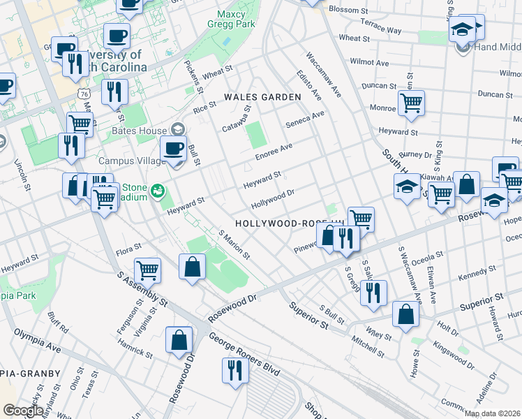 map of restaurants, bars, coffee shops, grocery stores, and more near 137 South Pickens Street in Columbia