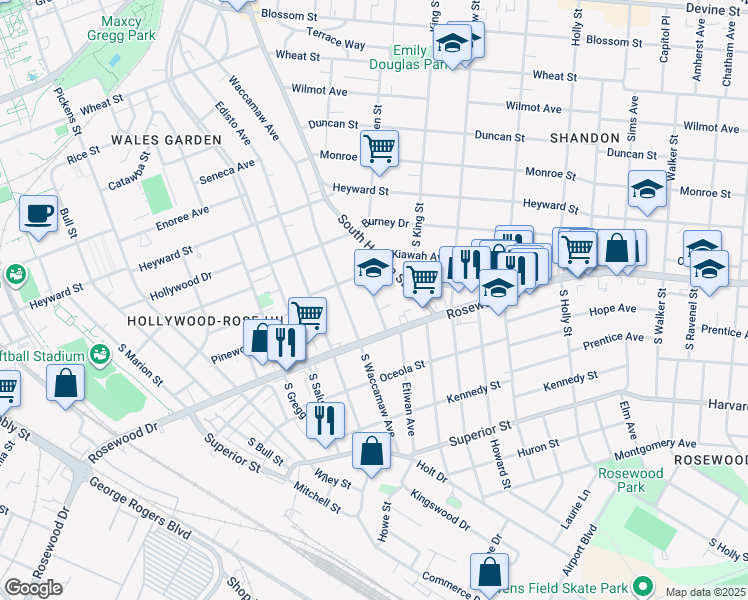 map of restaurants, bars, coffee shops, grocery stores, and more near 333 Etiwan Avenue in Columbia