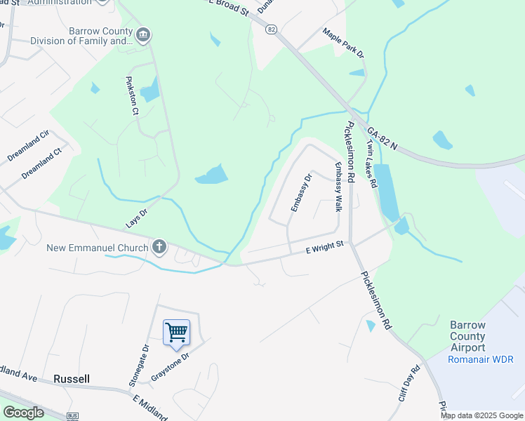 map of restaurants, bars, coffee shops, grocery stores, and more near 611 Embassy Walk in Winder