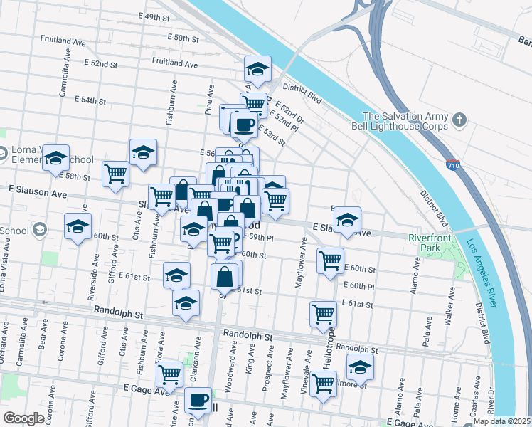 map of restaurants, bars, coffee shops, grocery stores, and more near 4557 Slauson Avenue in Maywood