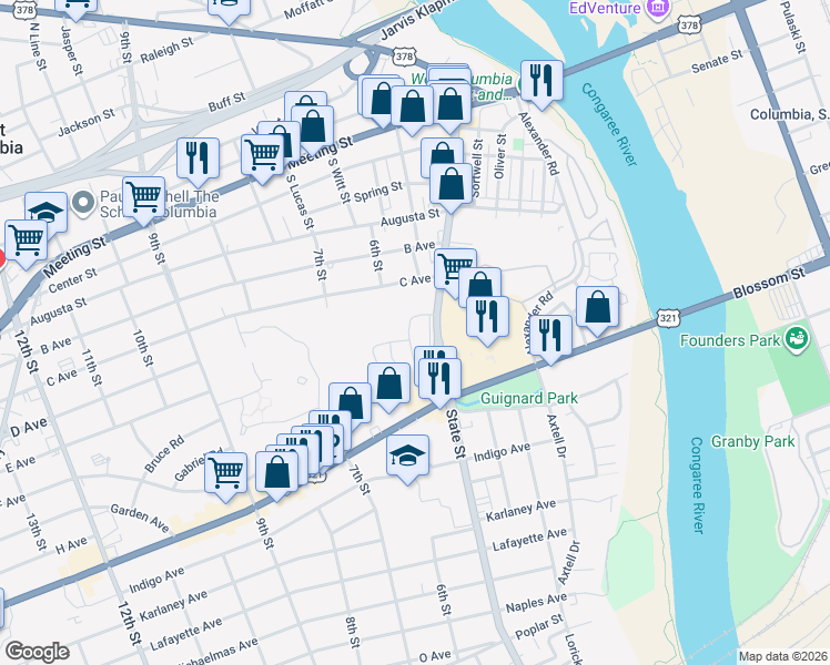 map of restaurants, bars, coffee shops, grocery stores, and more near in West Columbia