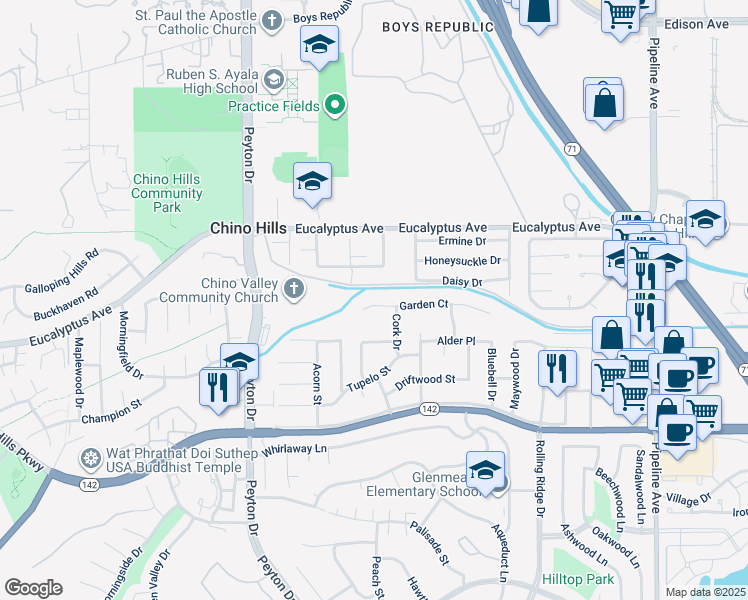 map of restaurants, bars, coffee shops, grocery stores, and more near 3546 Garden Court in Chino Hills