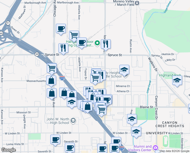 map of restaurants, bars, coffee shops, grocery stores, and more near 1331 Turquoise Street in Riverside
