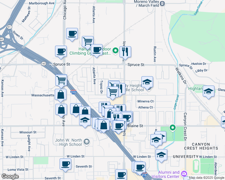 map of restaurants, bars, coffee shops, grocery stores, and more near 1333 Massachusetts Avenue in Riverside