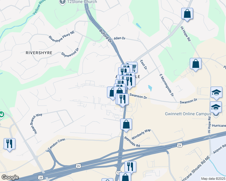 map of restaurants, bars, coffee shops, grocery stores, and more near 393 Swanson Drive in Lawrenceville