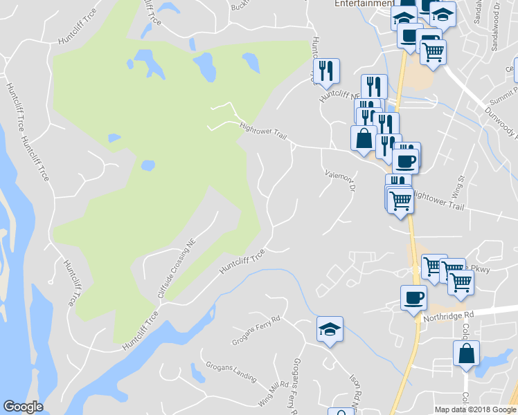 map of restaurants, bars, coffee shops, grocery stores, and more near 9920 Huntcliff Trce in Atlanta