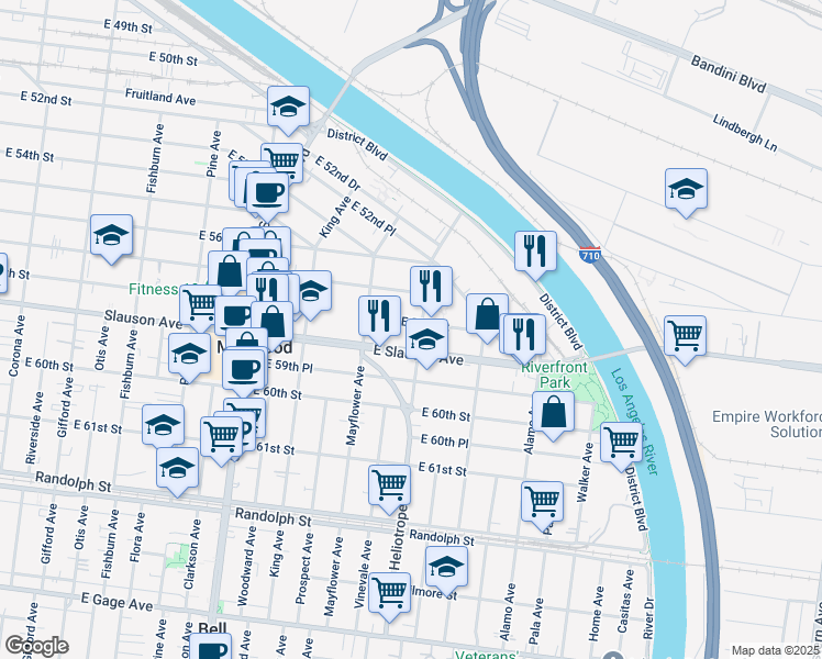 map of restaurants, bars, coffee shops, grocery stores, and more near 4759 Slauson Avenue in Maywood
