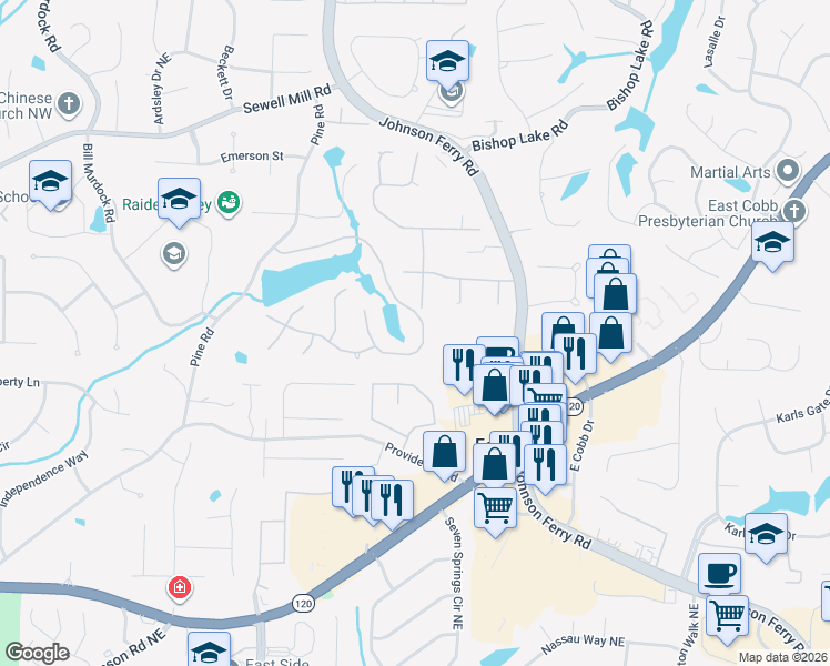 map of restaurants, bars, coffee shops, grocery stores, and more near 4045 Penhurst Drive in Marietta