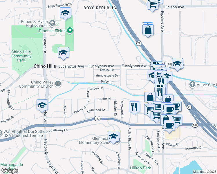 map of restaurants, bars, coffee shops, grocery stores, and more near 3714 Garden Court in Chino Hills