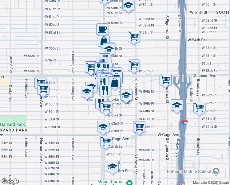 map of restaurants, bars, coffee shops, grocery stores, and more near 5850 South Vermont Avenue in Los Angeles