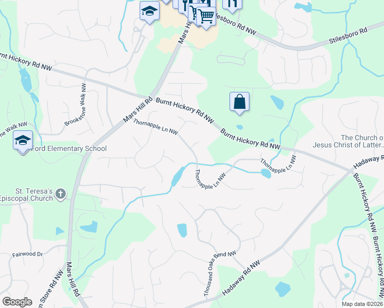 map of restaurants, bars, coffee shops, grocery stores, and more near 5400 Thornapple Ln NW in Acworth