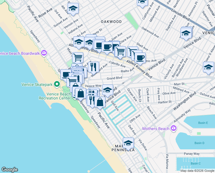 map of restaurants, bars, coffee shops, grocery stores, and more near 334 Venice Way in Los Angeles