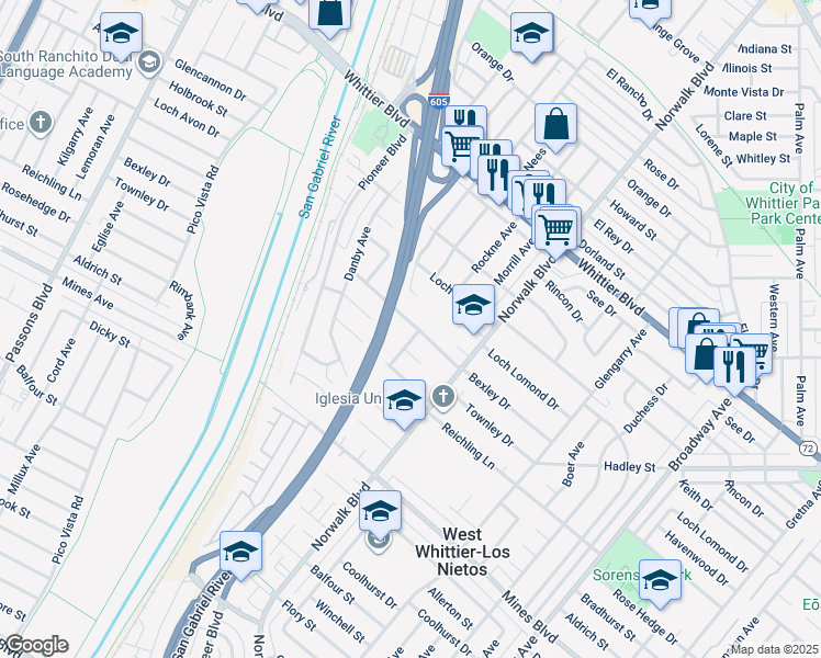 map of restaurants, bars, coffee shops, grocery stores, and more near 6503 Rockne Avenue in Whittier