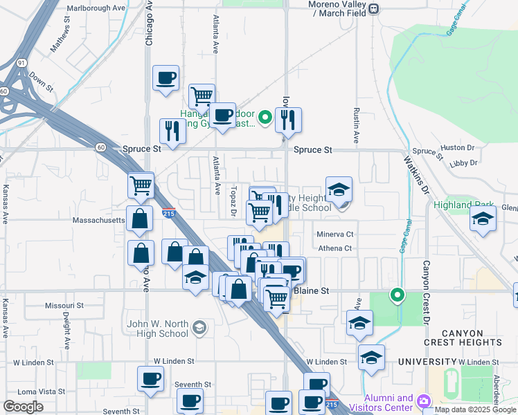 map of restaurants, bars, coffee shops, grocery stores, and more near 1333 Massachusetts Avenue in Riverside