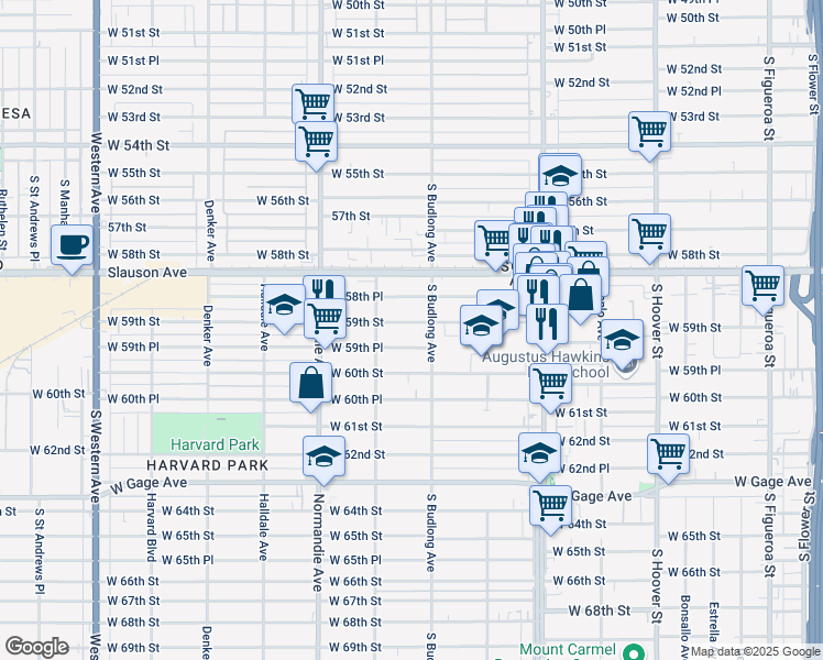 map of restaurants, bars, coffee shops, grocery stores, and more near 1222 West 59th Street in Los Angeles