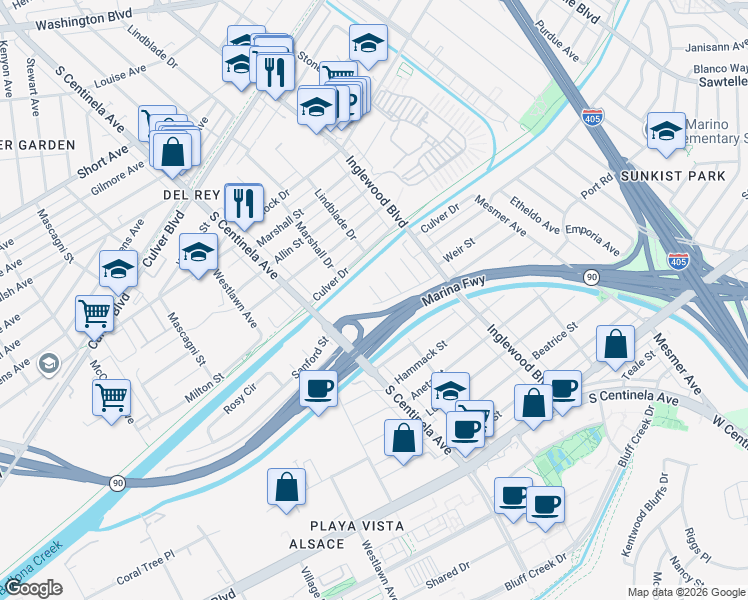 map of restaurants, bars, coffee shops, grocery stores, and more near 5129 Randall Street in Culver City
