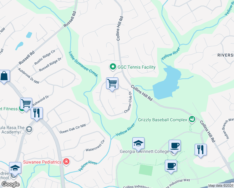 map of restaurants, bars, coffee shops, grocery stores, and more near 217 Dun Barton Court in Lawrenceville