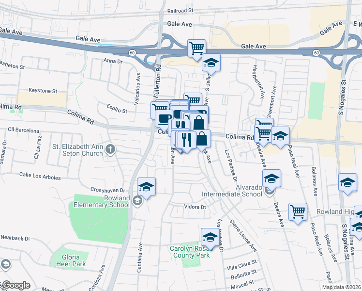 map of restaurants, bars, coffee shops, grocery stores, and more near 18406 Colima Road in Rowland Heights
