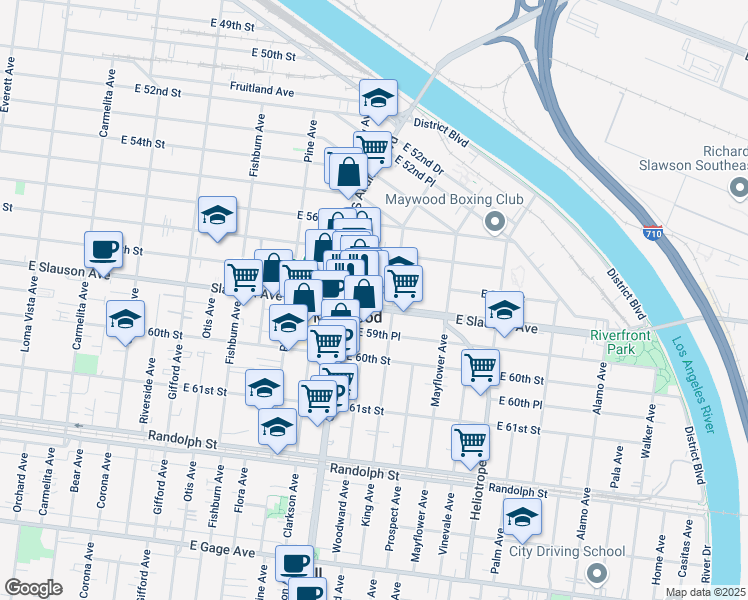 map of restaurants, bars, coffee shops, grocery stores, and more near 4557 Slauson Avenue in Maywood