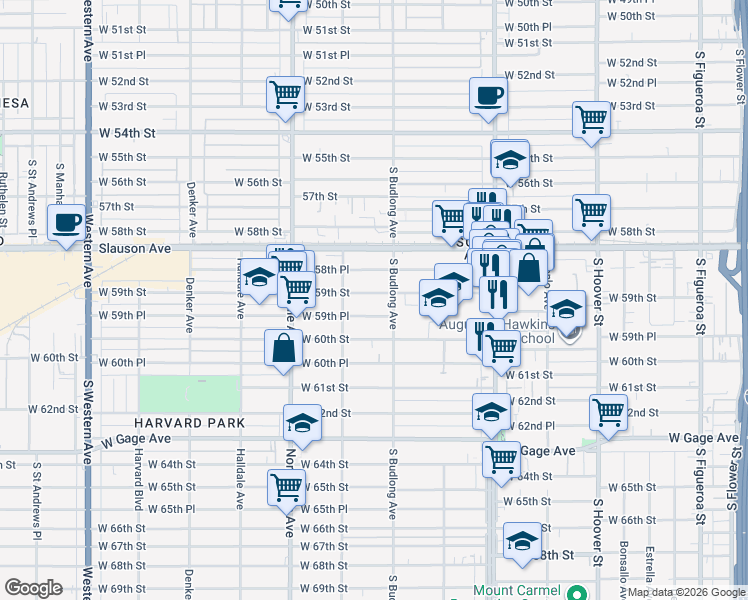 map of restaurants, bars, coffee shops, grocery stores, and more near 1222 West 59th Street in Los Angeles