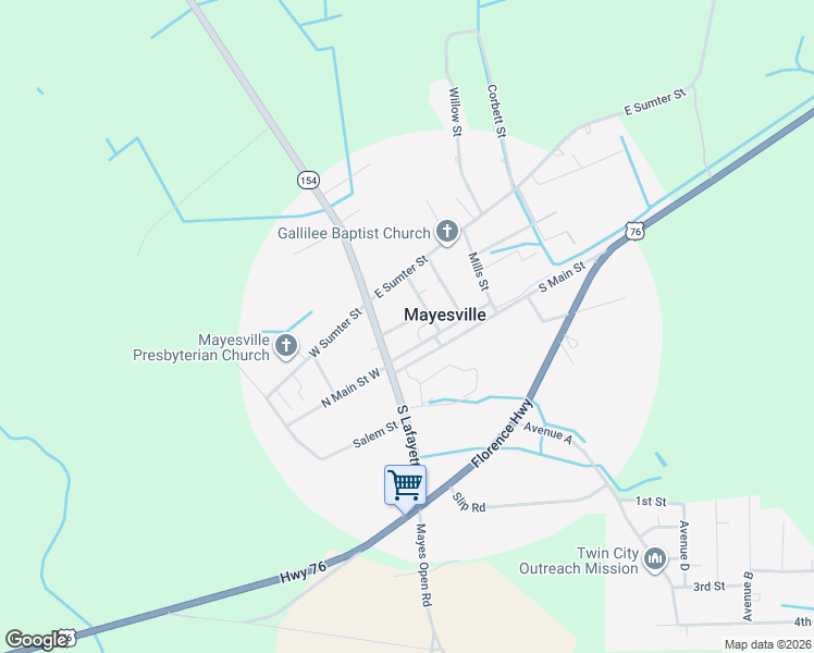 map of restaurants, bars, coffee shops, grocery stores, and more near 14 Republic Street in Mayesville