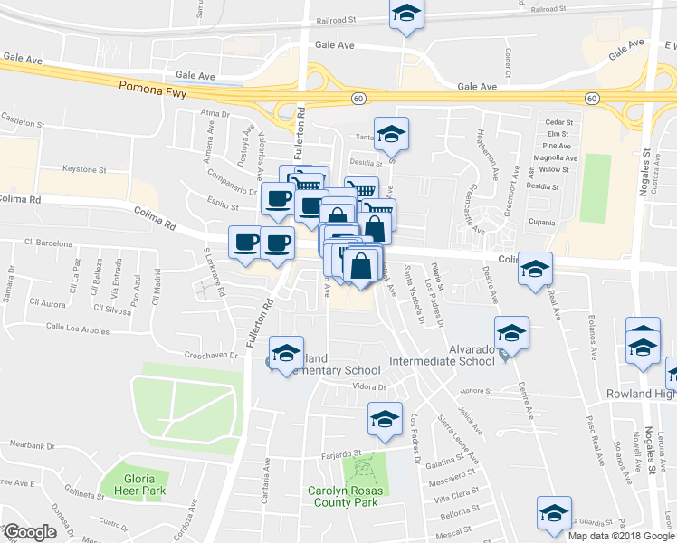 map of restaurants, bars, coffee shops, grocery stores, and more near 18406 Colima Road in Rowland Heights