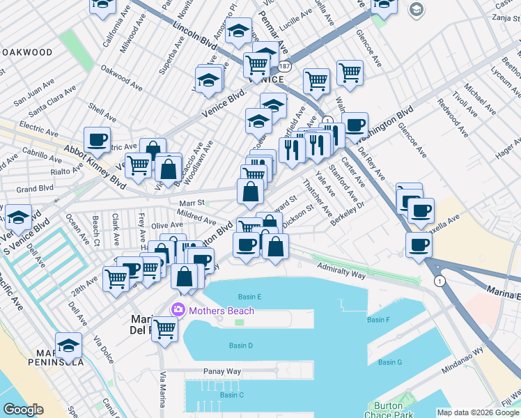 map of restaurants, bars, coffee shops, grocery stores, and more near 754 Washington Boulevard in Marina del Rey