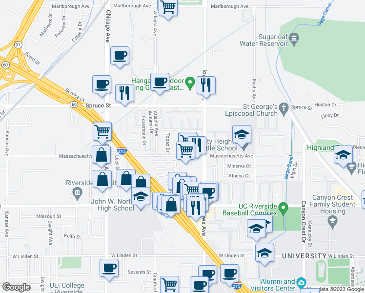 map of restaurants, bars, coffee shops, grocery stores, and more near 1331 Turquoise Street in Riverside